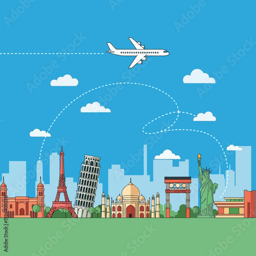Global Travel Destinations: Airplane Flying Over Famous Landmarks Skyline