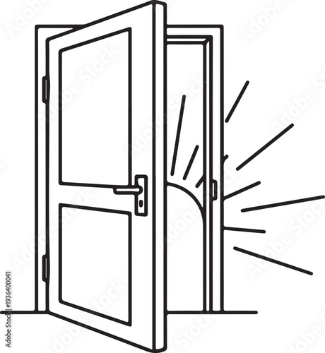 Simple black and white line art illustration of an open door with light rays emanating from it