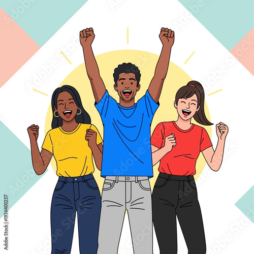 Diverse group of friends celebrating success with raised fists and smiles