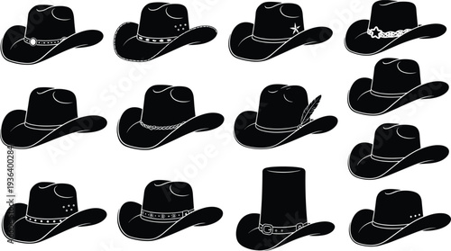 Collection of thirteen cowboy hat silhouettes with unique brims, crowns, and decorative hatbands, showcasing Western fashion and cultural design.