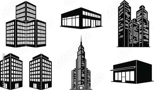 Modern building silhouette set, city skyscraper office tower architecture icons isolated on white background vector illustration collection pack
