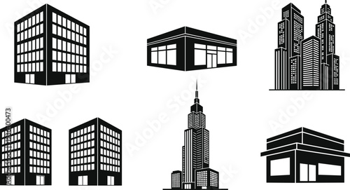 Modern office building silhouette set, black commercial architecture and city skyscraper vector illustration isolated on white background