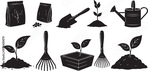 Gardening tools and plants for growth and cultivation care