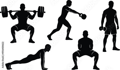 Fitness exercise silhouettes with barbell squat, kettlebell swing, dumbbell lift, push‑up, and bodyweight squat for workout design themes