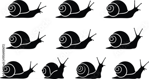 Grid of nine snail silhouettes with spiral shells and antennae, showcasing diverse poses, artistic design, and biological representation.