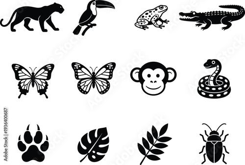 Jungle wildlife silhouettes with panther, toucan, frog, crocodile, monkey, snake, butterflies, paw print, leaf, and beetle designs