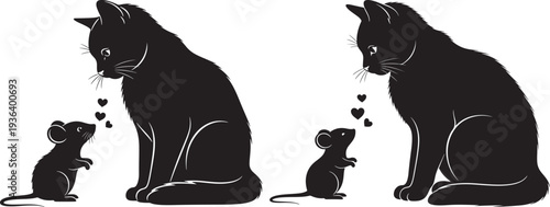 Two black cats and mice forming heart shapes, representing love or friendship, stylized silhouette vector art with romantic theme.