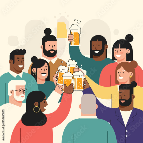 Diverse group of friends toasting with beer, celebrating friendship and good times