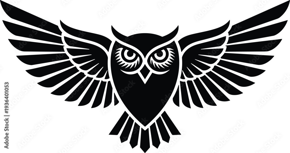 Fototapeta premium Stylized black owl silhouette with wide wings, geometric design, sharp lines, intense eyes, symbolizing wisdom, vigilance, and mystery.