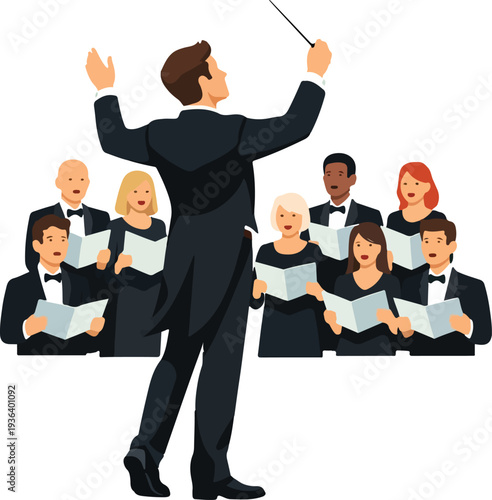 Orchestra Conductor Leading Choir Full Body featuring Maestro Orchestrating Vocal Ensemble for Classical Symphony and Choral Performance Graphic Design