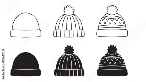 Beanies winter hats set with pom-poms and different patterns, presented in outline and silhouette styles for design purposes.