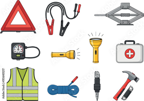 Collection of emergency roadside assistance tools and safety equipment displayed