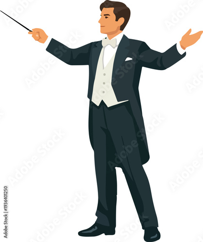 Classical Music Conductor With Baton Full Body featuring Maestro Orchestrating Performance for Orchestra and Symphony Concert Graphic Design