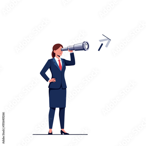 Businesswoman with telescope looking for future opportunities.