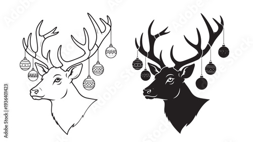 Reindeer head with Christmas ornaments hanging from its antlers, shown in both outline and silhouette styles.
