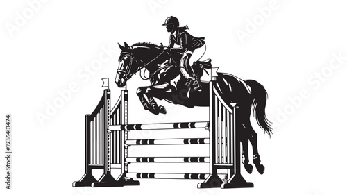 Horse rider jumping over obstacles with equestrian discipline, dynamic silhouette of horse and rider mid-air, show jumping sport event.