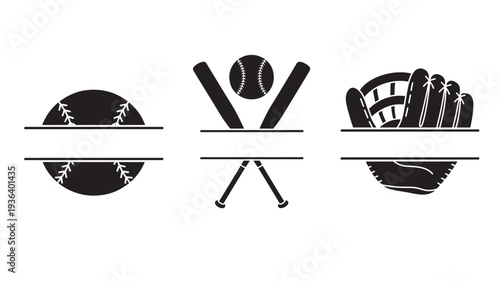 Baseball split graphic with ball, crossed bats, and glove icons, perfect for sports designs and personalization.