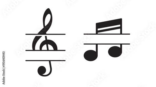 Treble clef and eighth note pair, simple black icons on white background for music notation featuring symbol, symbol, icon with graphic and design