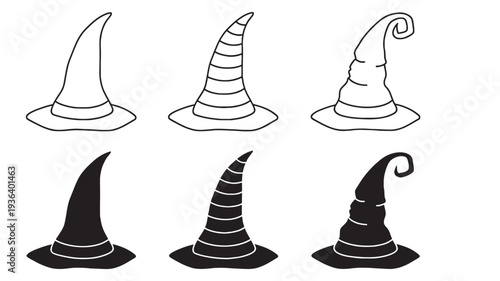 Witch hats hand drawn set with pointed cones, striped patterns, and twisted tips, in both outline and silhouette styles.