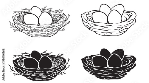 Nests with eggs illustrated in outline and silhouette forms, depicting natural bird habitats and the start of new life, perfect for spring themes.
