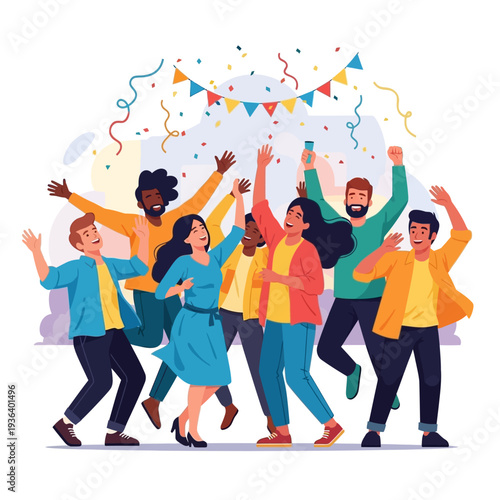 Diverse group of people celebrating, dancing, and throwing confetti under party streamers