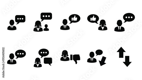 A collection of black and white icons depicting people talking