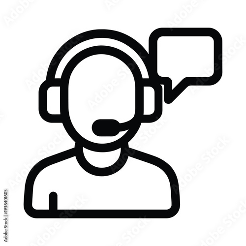 Customer support operator wearing headset with microphone and speech bubble icon