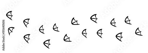 Bird footprint duck foot silhouette, feet print, paw step hand drawn doodle. Sketch simple goose trail. Crow walk steps mark.