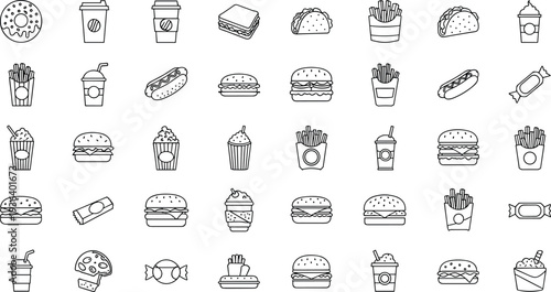 Fast food line icons set, burger fries hotdog coffee pizza taco snacks drinks vector restaurant menu illustration