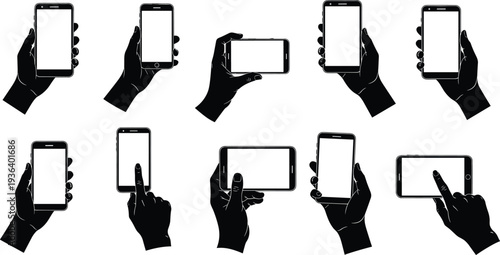 Hand holding smartphone icons set, mobile phone screen mockup touch gesture device technology communication vector illustration collection