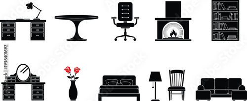 furniture, home, interior, chair, table, sofa, bed, desk, lamp, bookshelf, fireplace, decoration, household, living room, office furniture, home decor, interior icons, vector, illustration, set