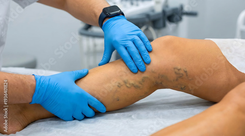 A medical professional wearing gloves examines varicose veins on a patient's leg in a clinical setting. Focus on vascular health