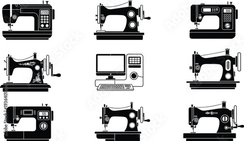 sewing, machine, icon, tailoring, stitching, equipment, fashion, textile, sewing machine, tailor, craft, sewing tools, embroidery, clothing, workshop, handmade, industry, needlework, silhouette, set