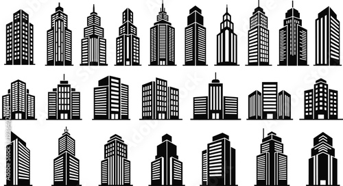 Skyscraper silhouette mega set, modern city office buildings and urban skyline vector icons isolated on white background