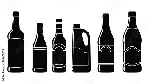 A collection of wine and liquor bottles in black and white