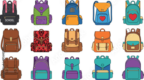 School backpack collection set, colorful student bag rucksack satchel isolated vector illustration for education and fashion