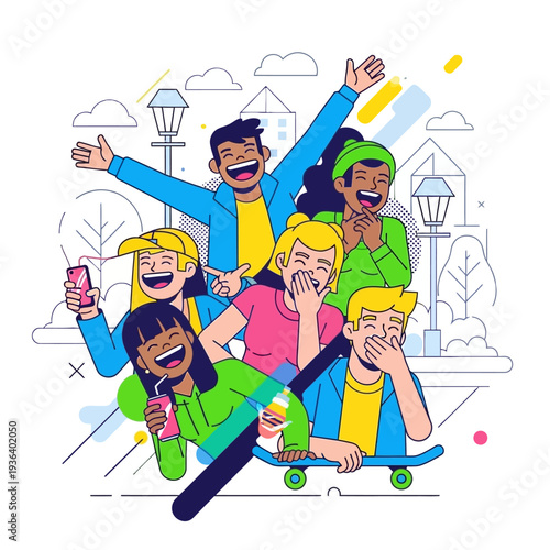 Diverse group of young friends laughing and having fun outdoors, vibrant illustration