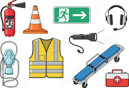 Safety equipment and emergency response icons arranged neatly on a flat surface viewed from directly above