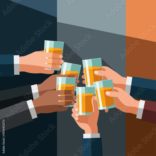 Diverse hands clinking glasses of amber liquid in a celebratory toast, symbolizing success and teamwork.