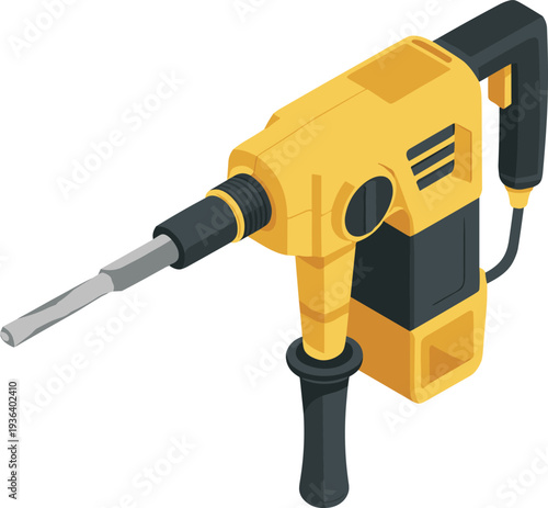 Electric rotary hammer drill isometric vector illustration, construction power tool, demolition hammer, drilling machine, professional equipment