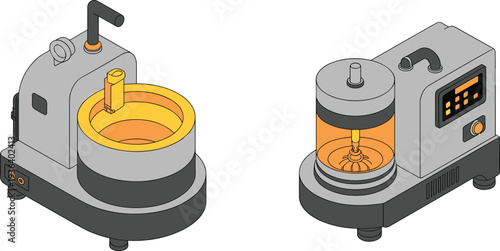 Industrial manufacturing machines isometric vector illustration, factory equipment, automated processing machines, engineering technology, production machinery concept