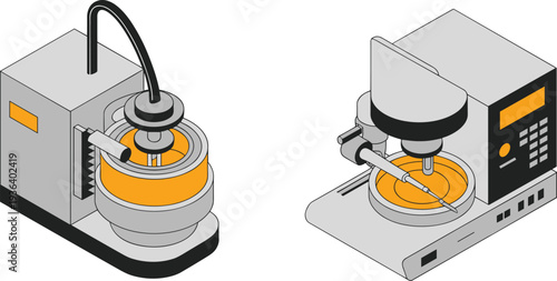 Industrial manufacturing machines isometric vector set, automated processing equipment, factory machinery, engineering technology, production system illustration