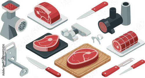 Meat processing equipment isometric vector set, butcher tools, meat grinder, steak cuts, knives, butcher shop preparation illustration
