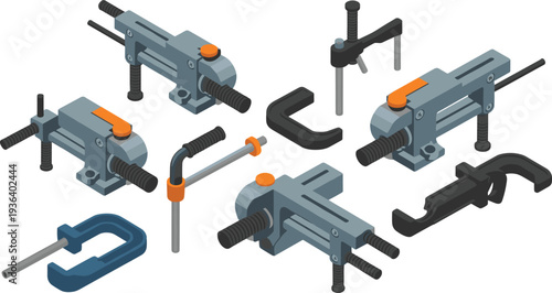 Mechanical clamps and bench vices isometric vector set, metal clamping tools, workshop equipment, engineering tools illustration