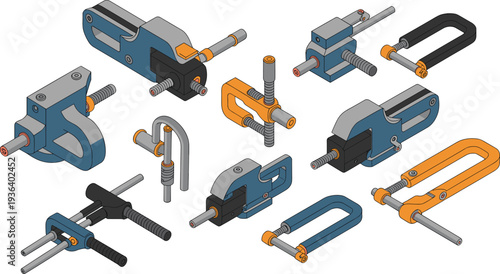 Mechanical clamps and vices isometric vector set, metal clamping tools, workshop equipment, engineering tools illustration