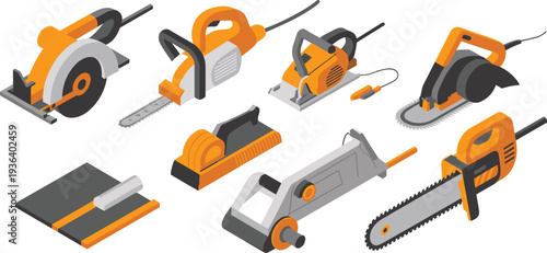 Power tools isometric vector collection, circular saw, chainsaw, electric cutter, grinder, construction equipment, carpentry tools illustration set