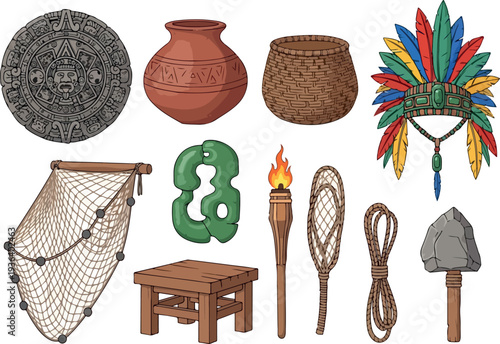 Ancient Tribal Culture Artifacts Displayed on a White Background from a Direct Viewpoint