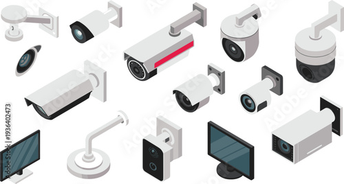 Security camera surveillance system vector set, CCTV cameras, monitoring devices, video security equipment, surveillance technology, safety monitoring illustration