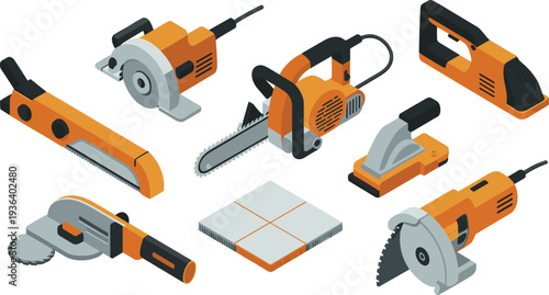 Power tools isometric vector set, chainsaw, circular saw, grinder, electric cutter, construction equipment, carpentry tools illustration