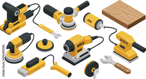 Woodworking power tools isometric vector set, electric sander, grinder, drill machine, carpentry workshop equipment illustration